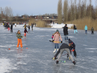 901332 Afbeelding van enkele kinderen die ijshockey spelen op de grote plas bij het Anafora Parkrestaurant ...